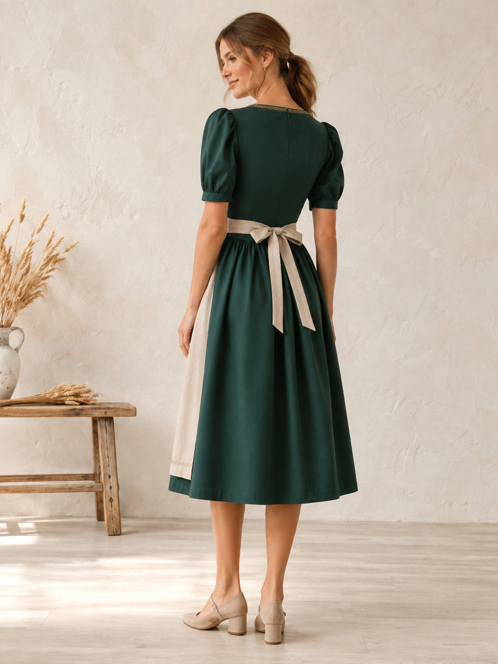 Minimal Dark Green Satin Trachten Dress Tea Length Square Puff Sleeve Apron back view