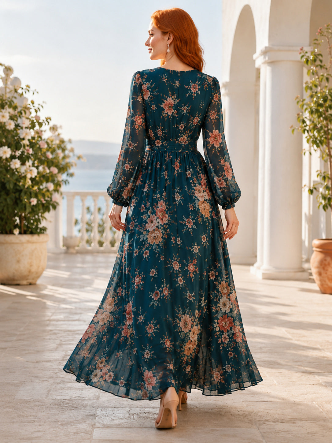 Teal Floral Jewel Neck Long Sleeve Modest A-Line Maxi Dress back view