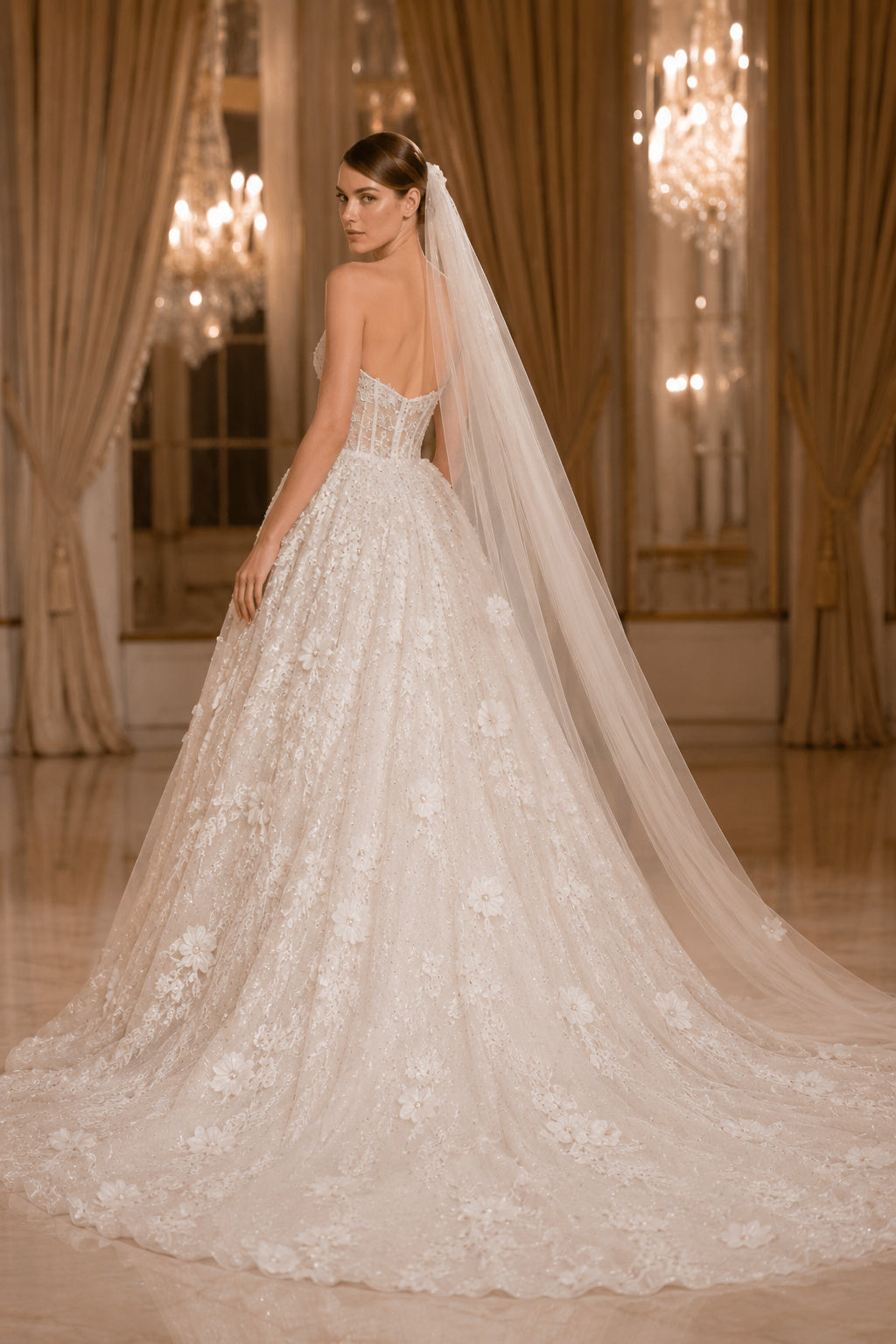 Strapless Beaded Lace Ball Gown Wedding Dress with Cathedral Train back view