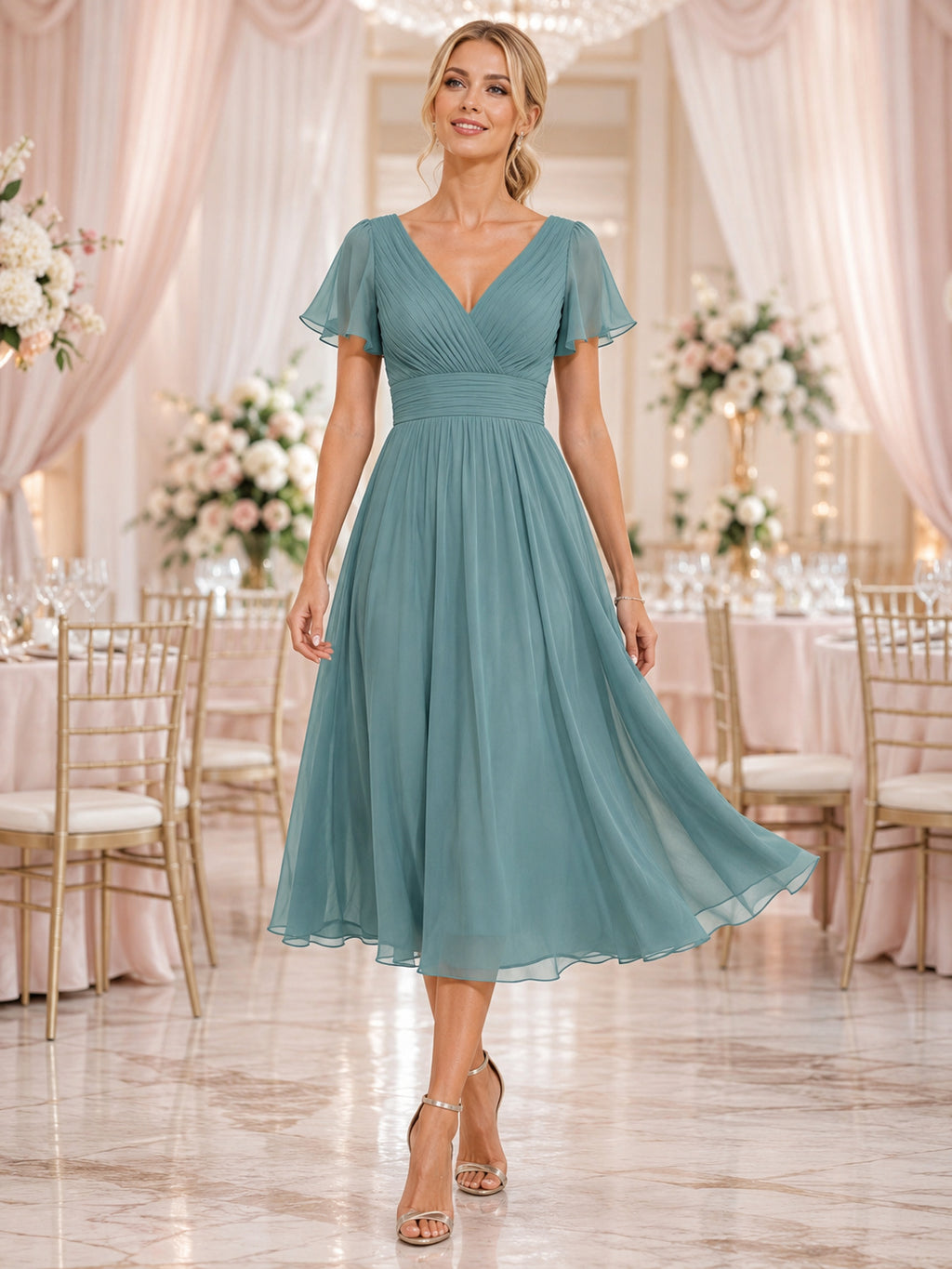 Dusty Teal Chiffon V Neck Flutter Sleeve Guest Midi Dress front view