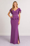 Purple V-neck Flutter Sleeve Two-Piece Sheath Chiffon Floor-Length Dress With Peplum