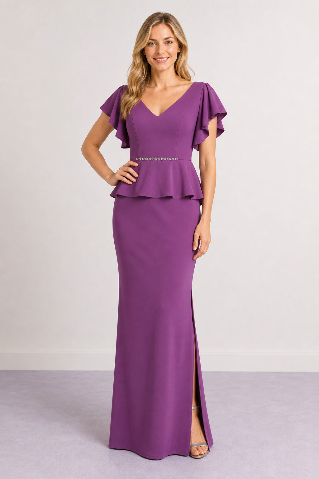 Purple V-neck Flutter Sleeve Two-Piece Sheath Chiffon Floor-Length Dress With Peplum