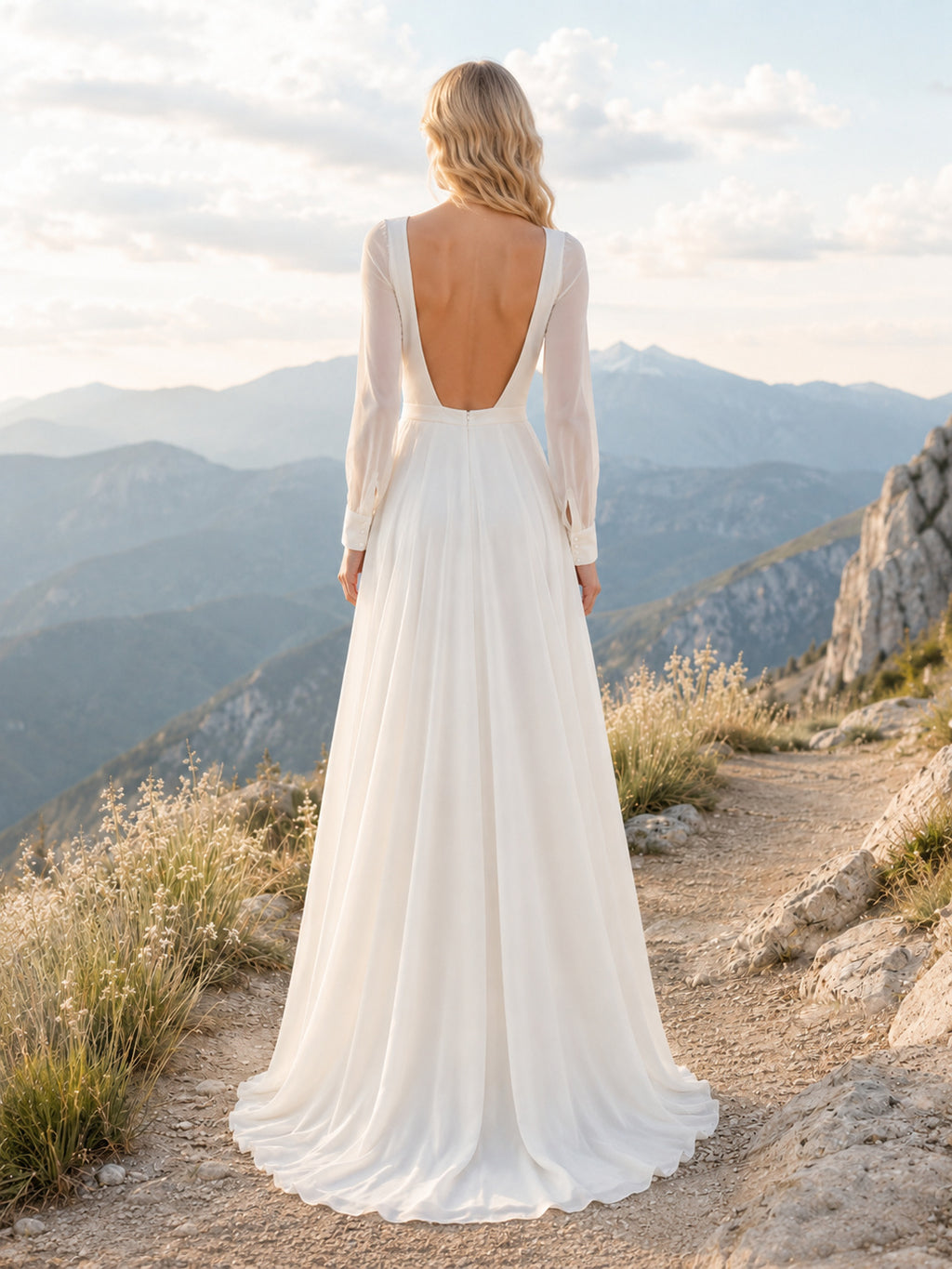 Mountain Long Sleeve Bateau Open Back Wedding Dress back view