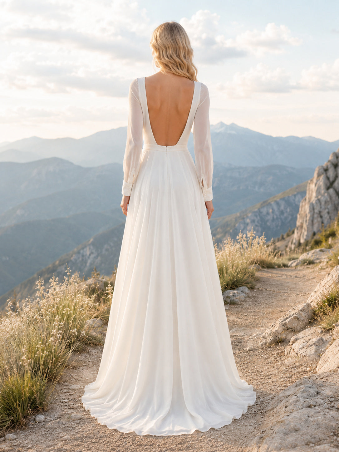 Mountain Long Sleeve Bateau Open Back Wedding Dress back view