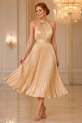Champagne Halter Satin Tea Length Cocktail Dress with Pleated Skirt and Sash Waist front view