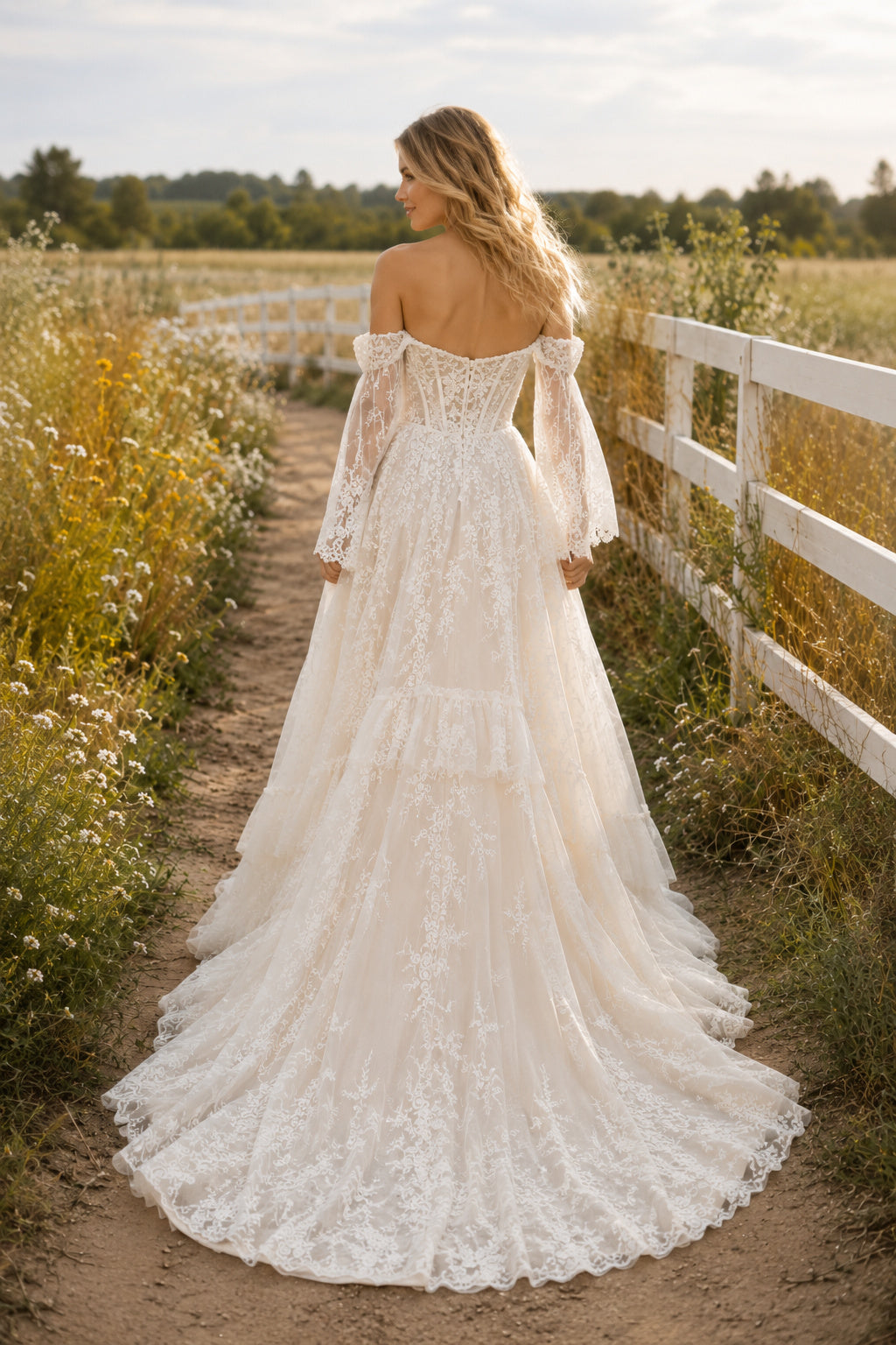 Ivory Off-the-Shoulder Lace Corset A-Line Wedding Dress with Detachable Sleeves and Train back view