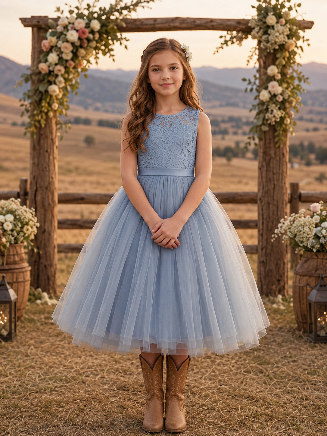 A-Line Flowergirl Blue Tulle Tea-Length Sleeveless Ranch Wedding Dress front view