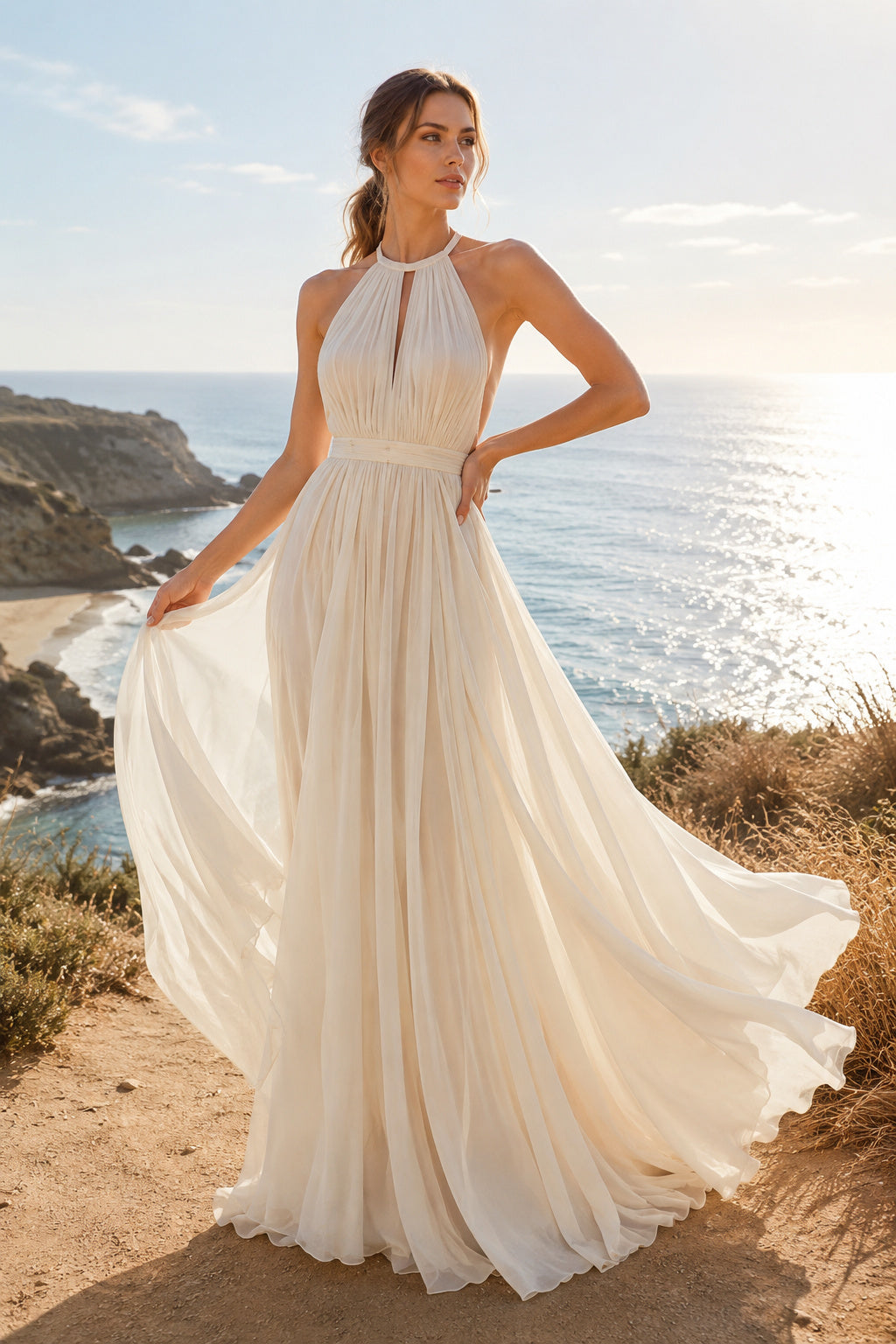 Ivory Halter High Neck Chiffon A-Line Wedding Dress Open Back for Bridal Ceremony and Reception front view