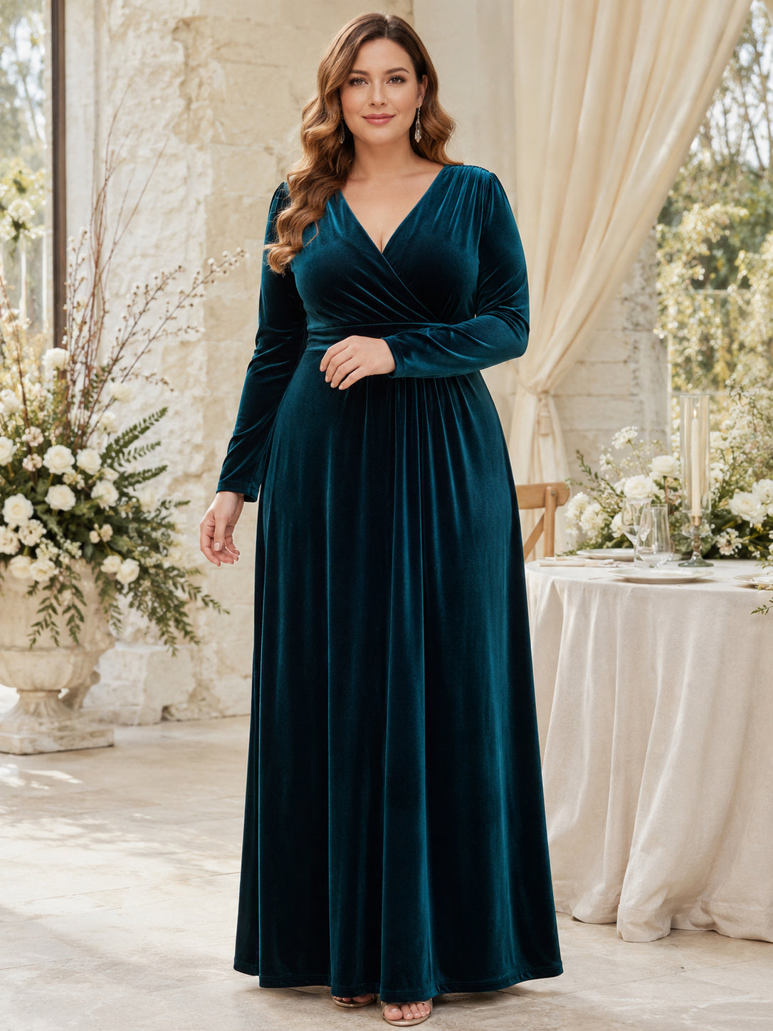 Peacock V Neck Long Sleeve Velvet Empire Floor Plus Size Guest Gown front view