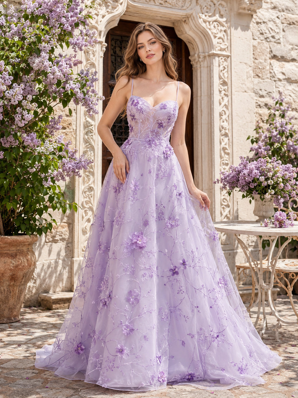 Lavender Garden Strapless Floral Organza A-Line Wedding Dress front view