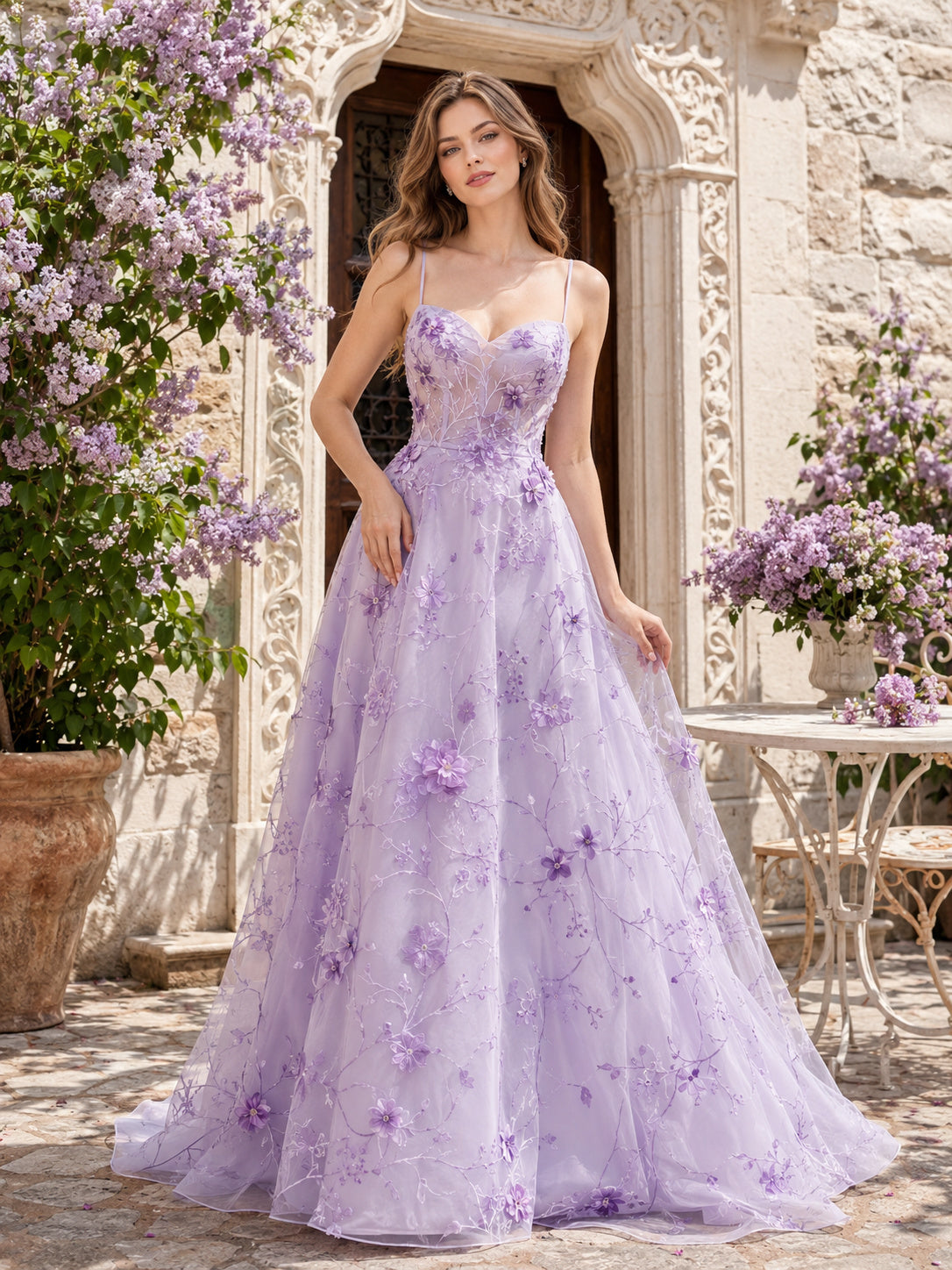 Lavender Garden Strapless Floral Organza A-Line Wedding Dress front view