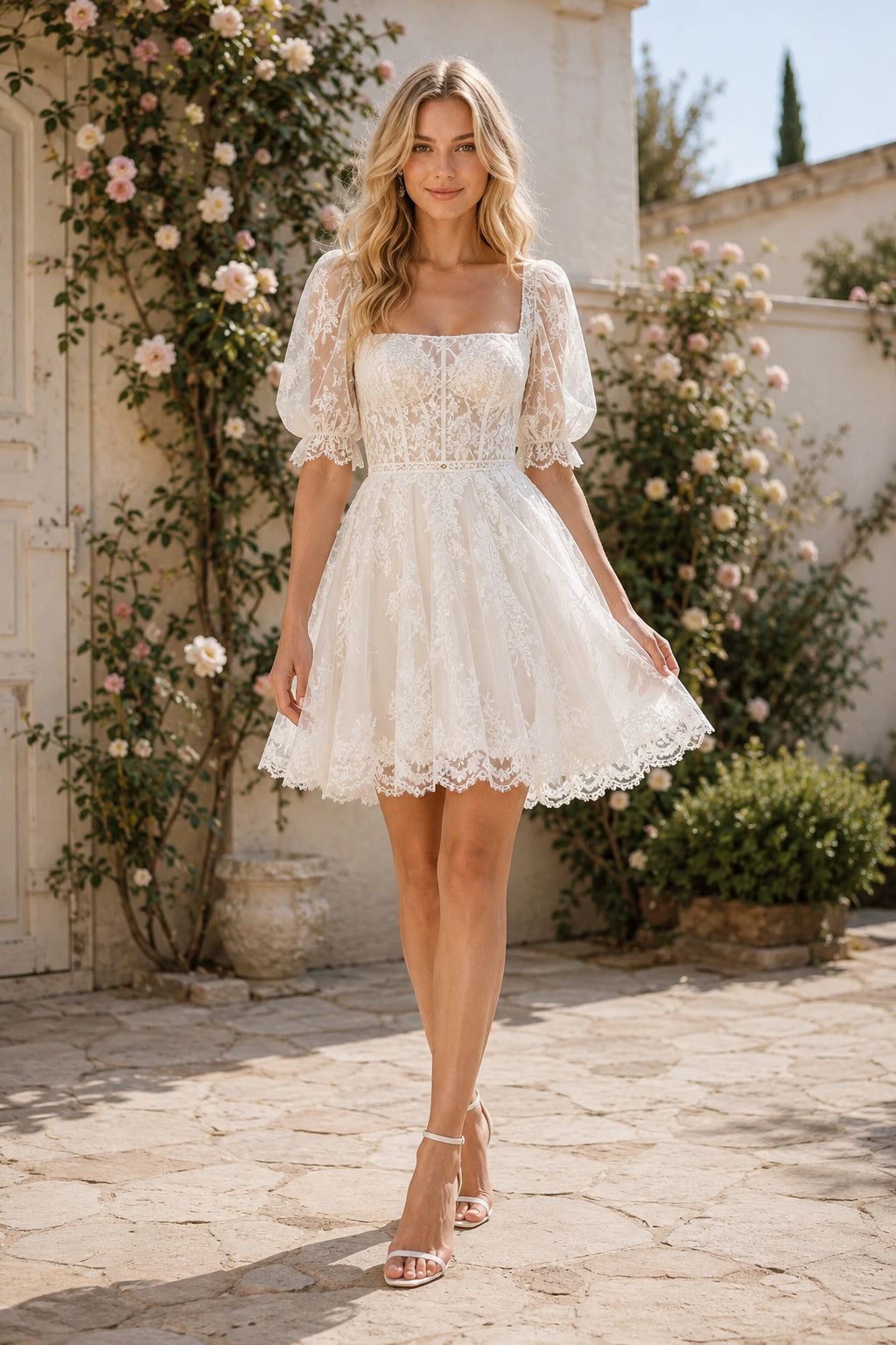 Ivory Square Neck Puff Sleeve Lace Mini Wedding Dress with Scalloped Hem for Garden Reception front view