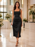Black Square Neck Satin Slit Midi Sheath Modern City Guest Dress front view