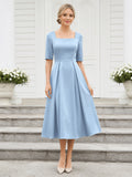 Light blue half sleeve square neck modest chapel midi dress front view