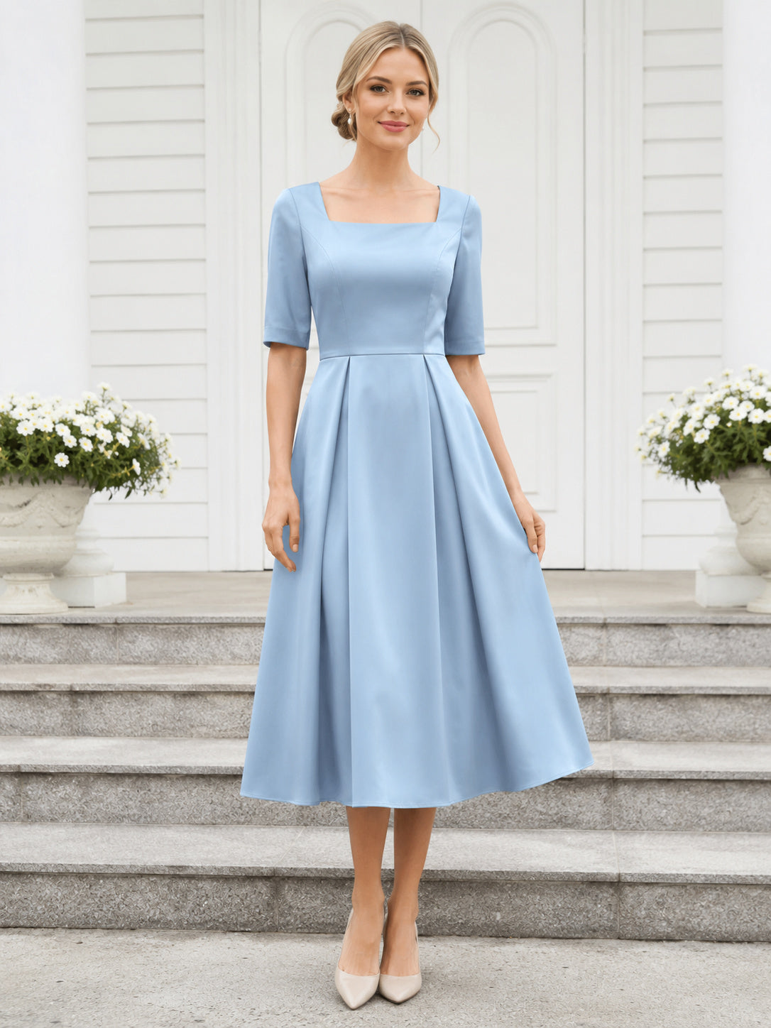 Light blue half sleeve square neck modest chapel midi dress front view