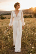 Ivory Long Sleeve Lace Bridal Jumpsuit with Belted Waist and Wide Pants front view