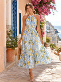Blue lemon print halter tie neck vacation midi dress front view