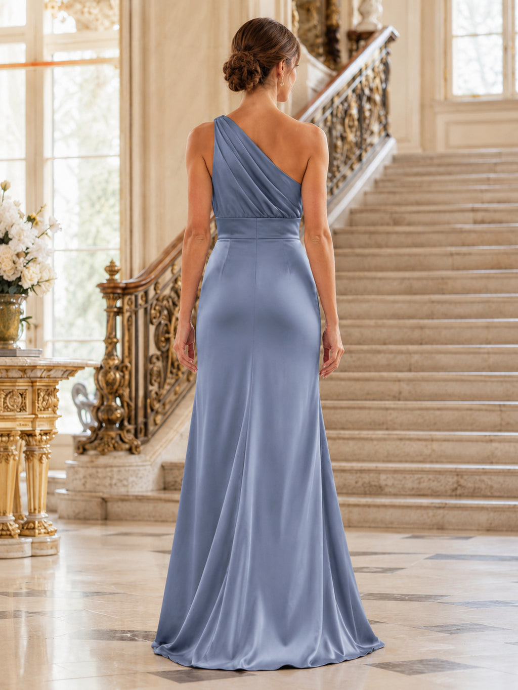 Estate Formal Steel Blue Elegant Modern Sheath Satin Bridesmaid Dress with One-Shoulder Sleeveless Floor-Length Draped Open B