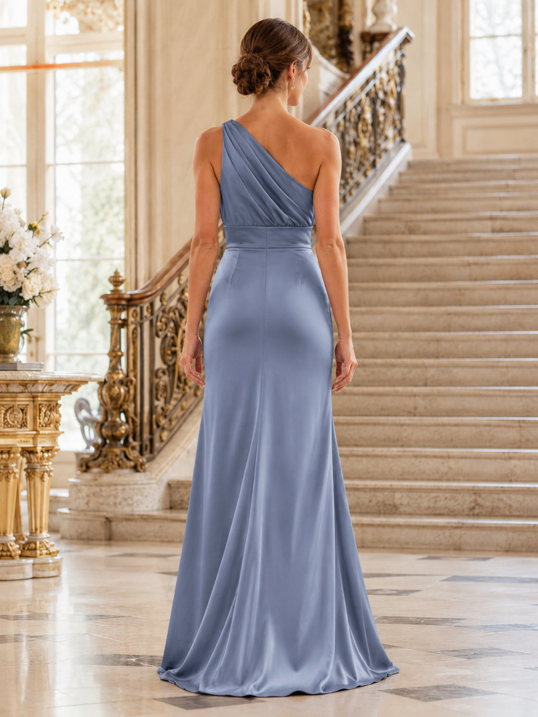Estate Formal Steel Blue Elegant Modern Sheath Satin Bridesmaid Dress with One-Shoulder Sleeveless Floor-Length Draped Open B