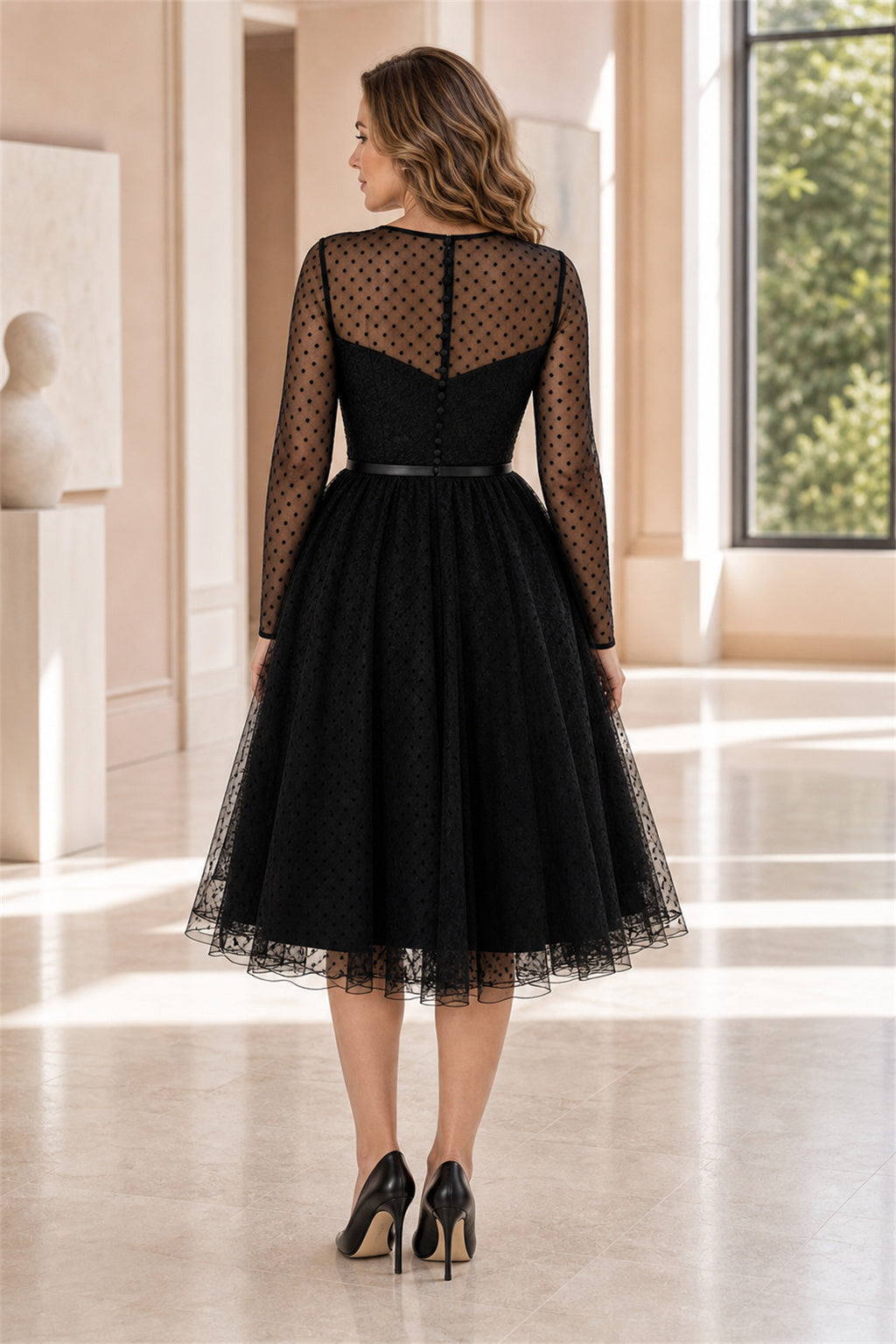 Black Sweetheart Long Sleeves A-Line Tulle, Lace Tea-length Dress With Lace
