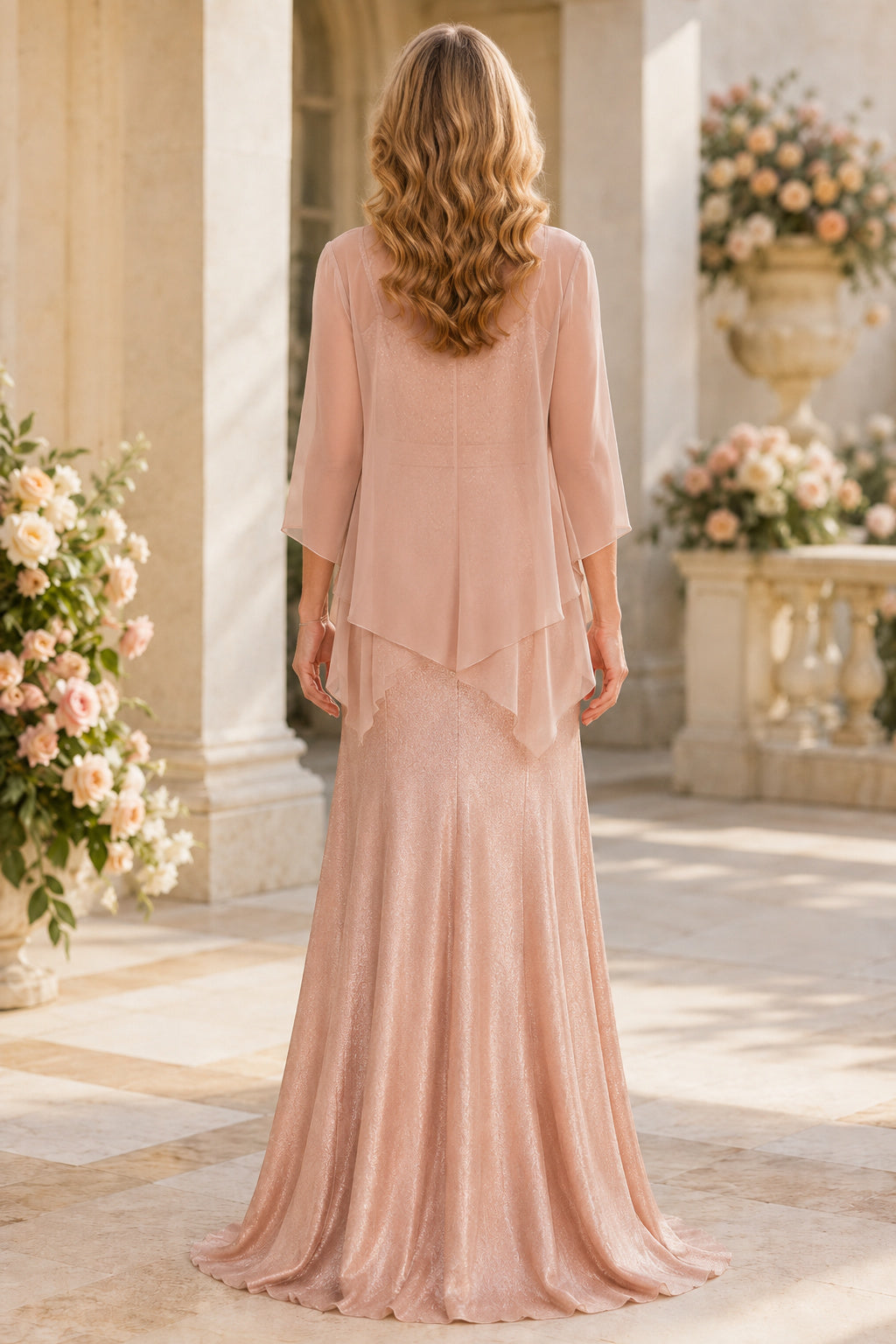 Blushing Pink Satin Sheath Mother Dress with Chiffon Jacket and Soft Drape for Evening Reception back view