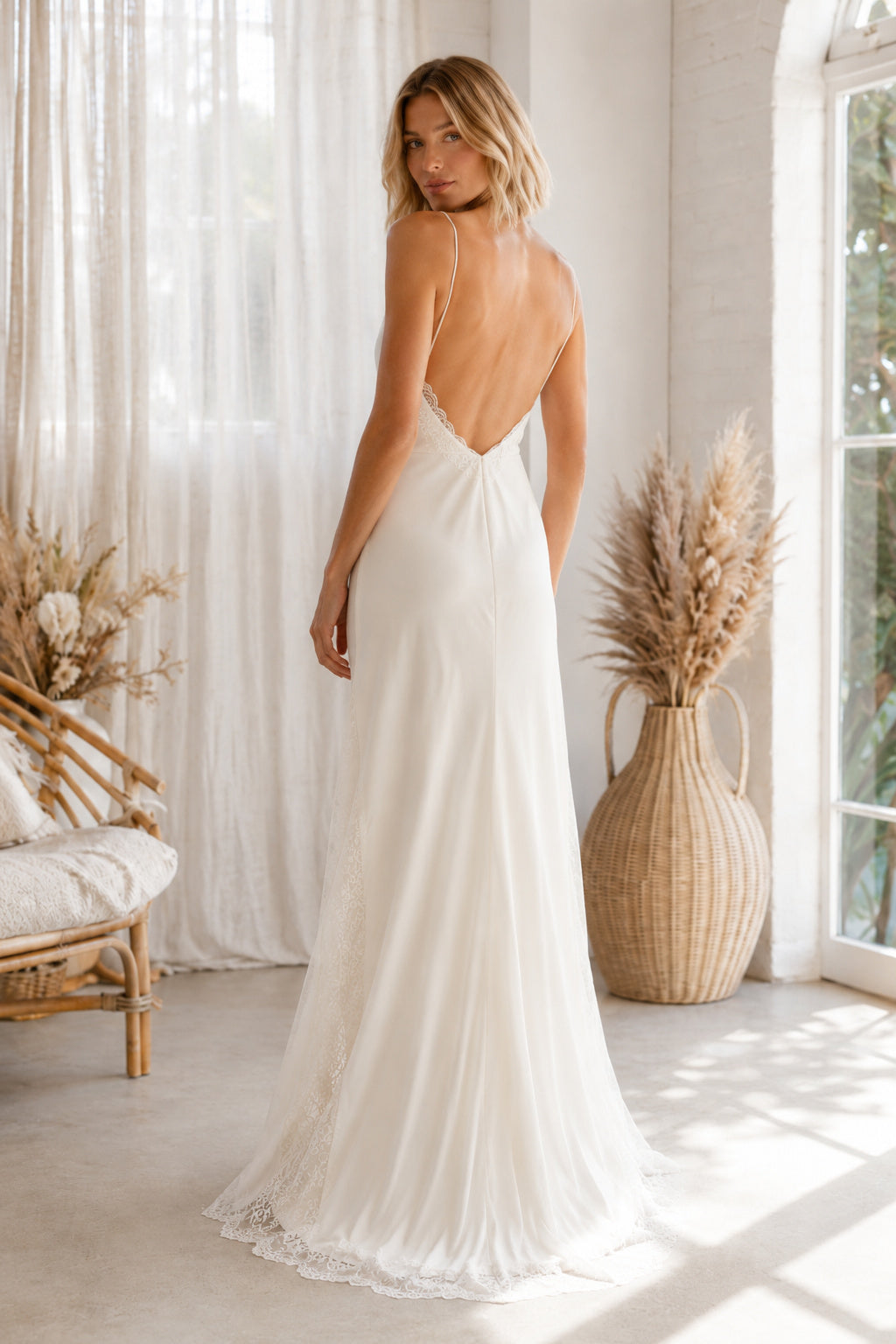 Sweetheart Ruched Satin Sheath Wedding Dress with Spaghetti Straps and Low Back for Beach Garden Ceremony back view