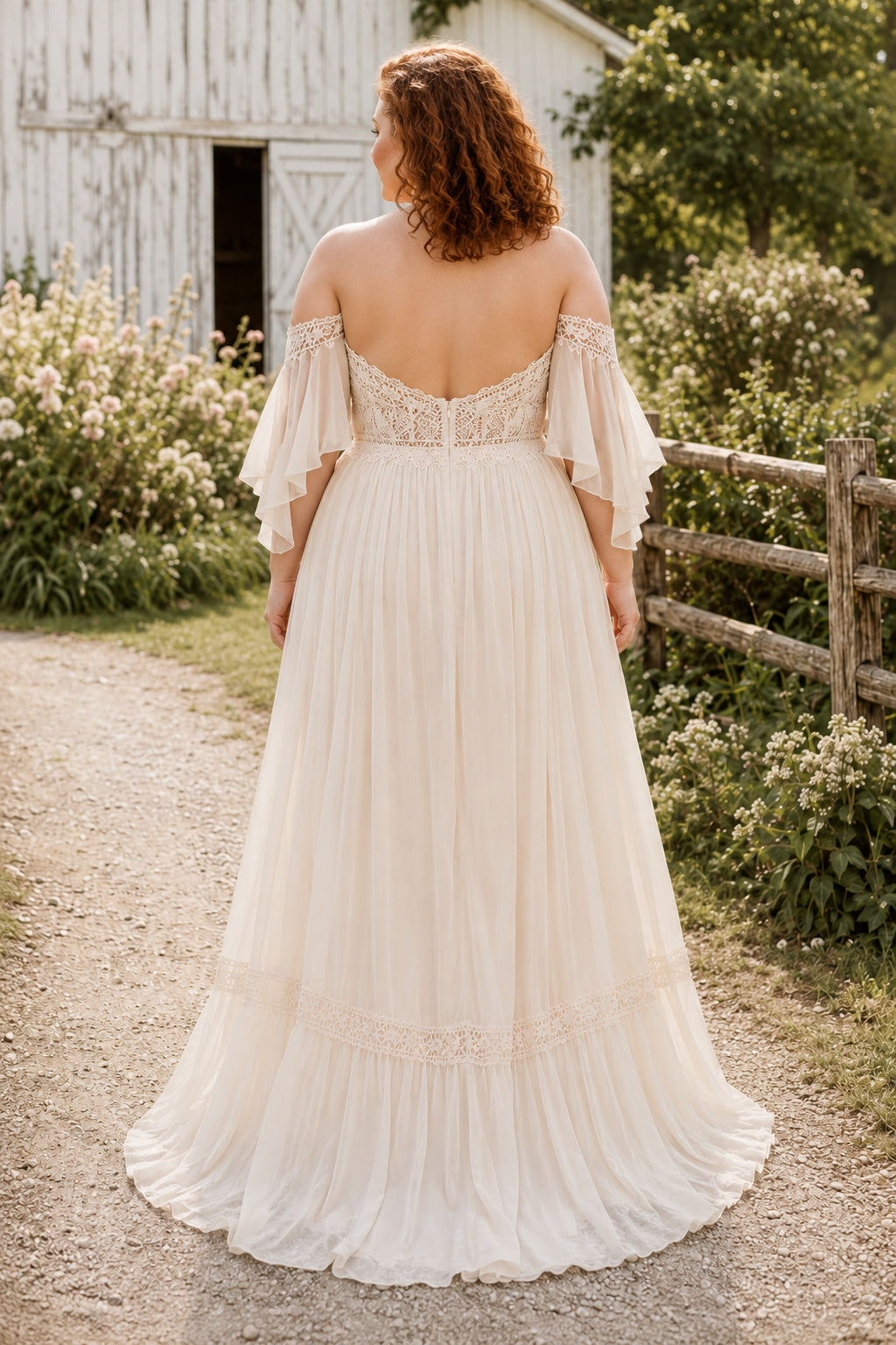Plus Size Ivory Off-the-Shoulder Sweetheart Flutter Sleeve Lace Tulle A-Line Wedding Dress with Tiered Chiffon Skirt and Flut
