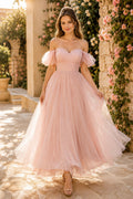 Blushing Pink Off Shoulder Puff Sleeve Floor Length Tulle Skirt Floor Length A-Line Prom Dress front view