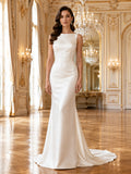 Satin Wedding Dress Mermaid Bateau Neck Sleeveless Floor Length Low V Back Bridal Gown Style 721919 front view