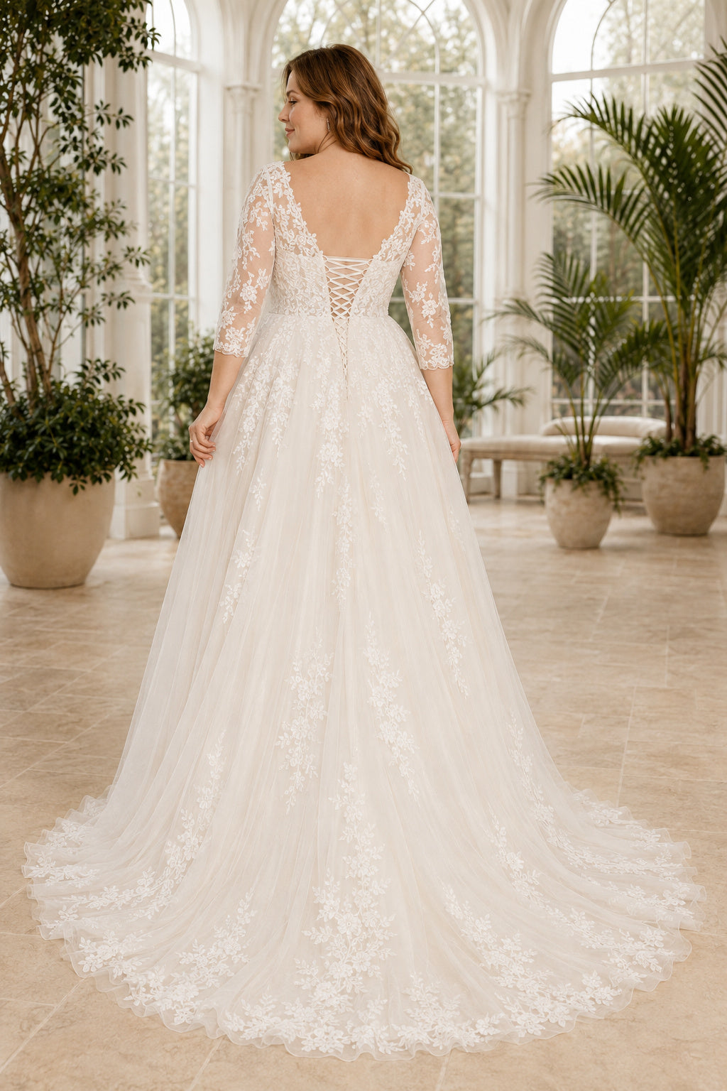 Ivory Plus Size V-Neck Long Sleeve Lace A-Line Wedding Dress with Full Tulle Train back view