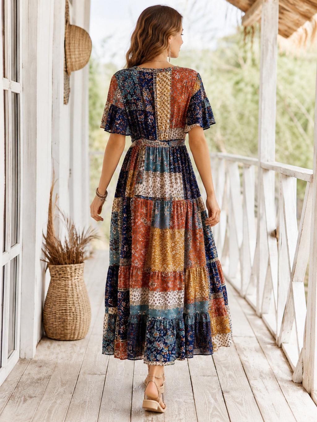 Navy Patchwork Print V-Neck Short Sleeve Boho Maxi Dress back view