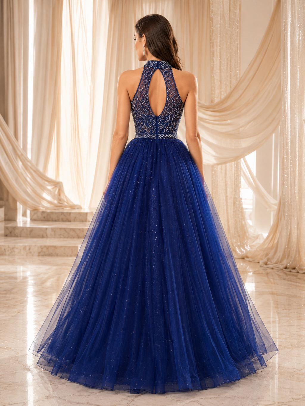 Royal Blue Luxury Halter High Neck Beaded Glitter Tulle Sweet Sixteen Formal Ball Gown back view
