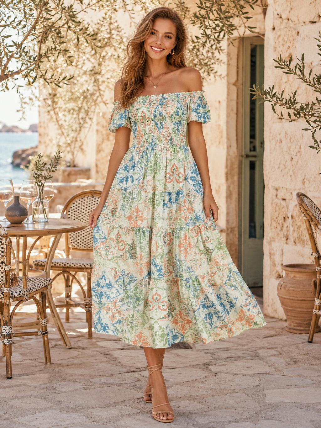 Mediterranean Tile Off Shoulder Ruffle Printed Midi Occasion Dress front view