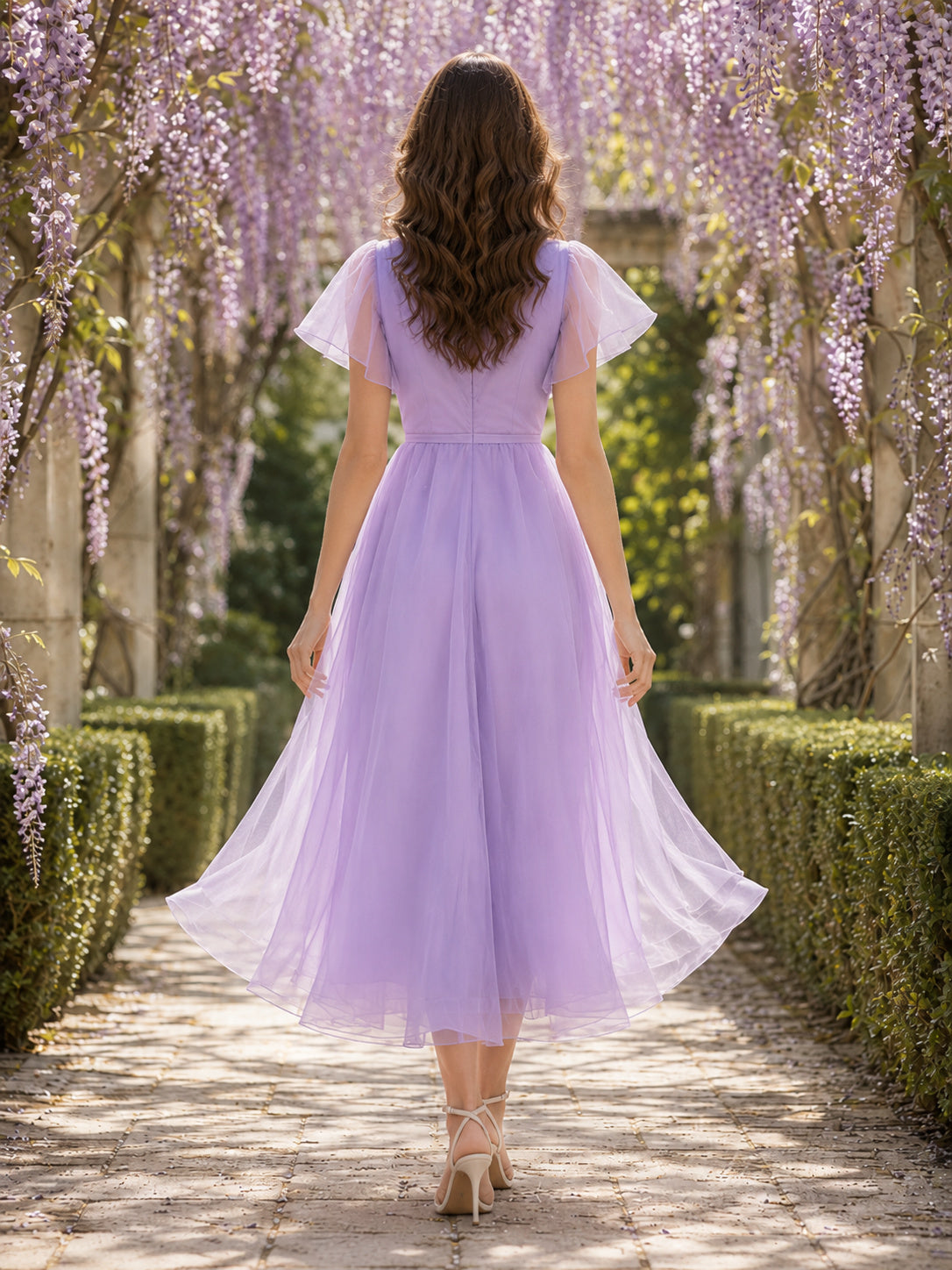 Lavender V Neck Flutter Sleeve Chiffon Garden Midi Dress back view