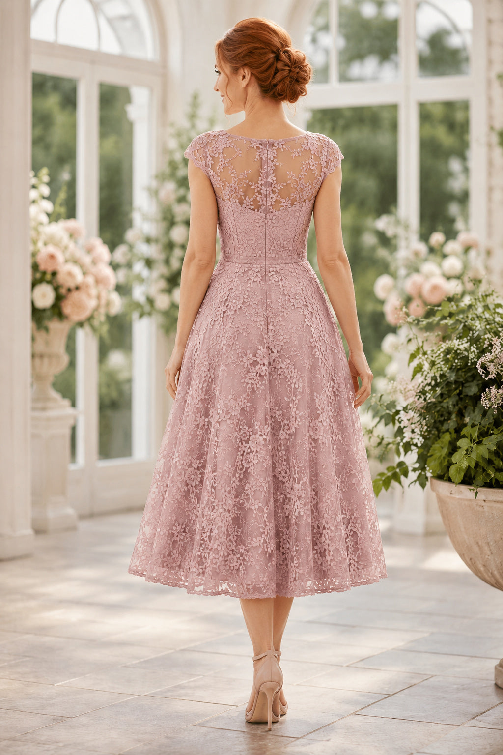 Dusty Rose Formal Cocktail Midi Sheath Dress back view