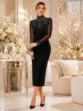 Black High Neck Crystal Illusion Long Sleeve Midi Guest Dress front view