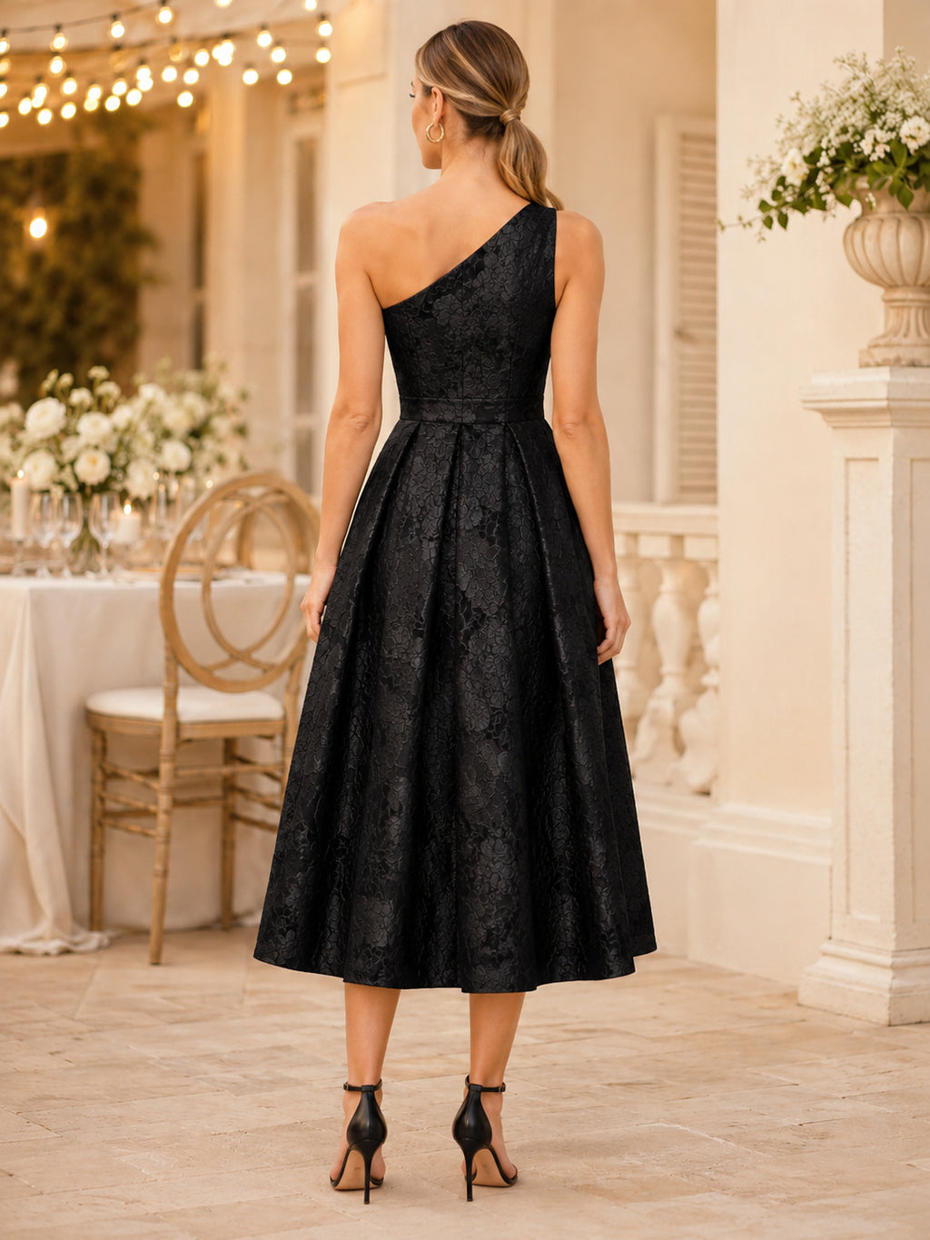 Black One-Shoulder Jacquard A-Line Tea-Length Modern Wedding Guest Dress back view