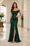 Dark Green off the shoulder satin mermaid gown with thigh slit and sweep train Floor-length And Sweep/Brush Train Mermaid Tru