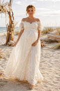 Ivory Off-the-Shoulder Lace Maternity Wedding Dress with Soft Tulle Skirt front view
