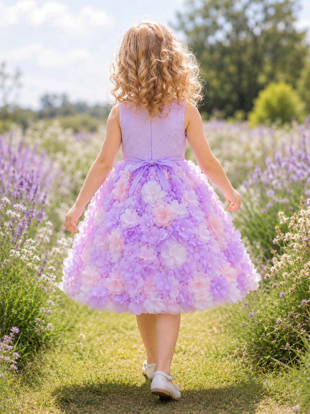 Lavender 3D Hydrangea Petal Flower Girl Dress with Sleeveless Tulle A-Line, Sculpted Floral Skirt, and Tea-Length Finish back