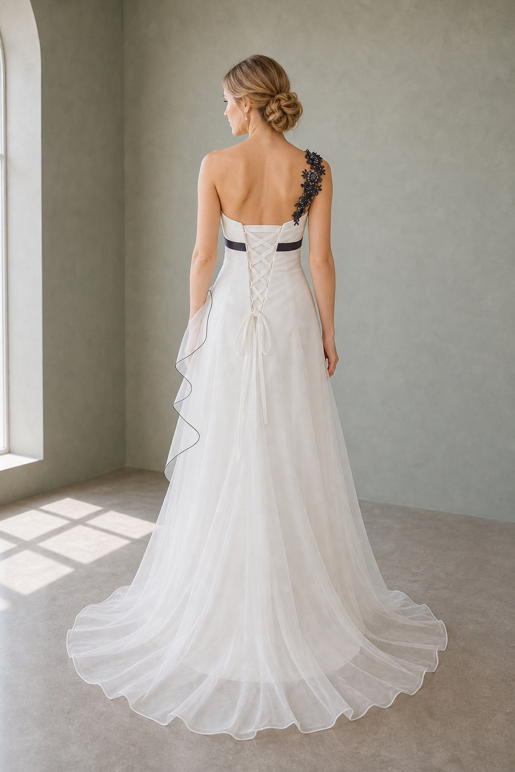 White and Black One-shoulder A-Line Tulle Floor-length Formal Dress With Black Appliques and Ruffles
