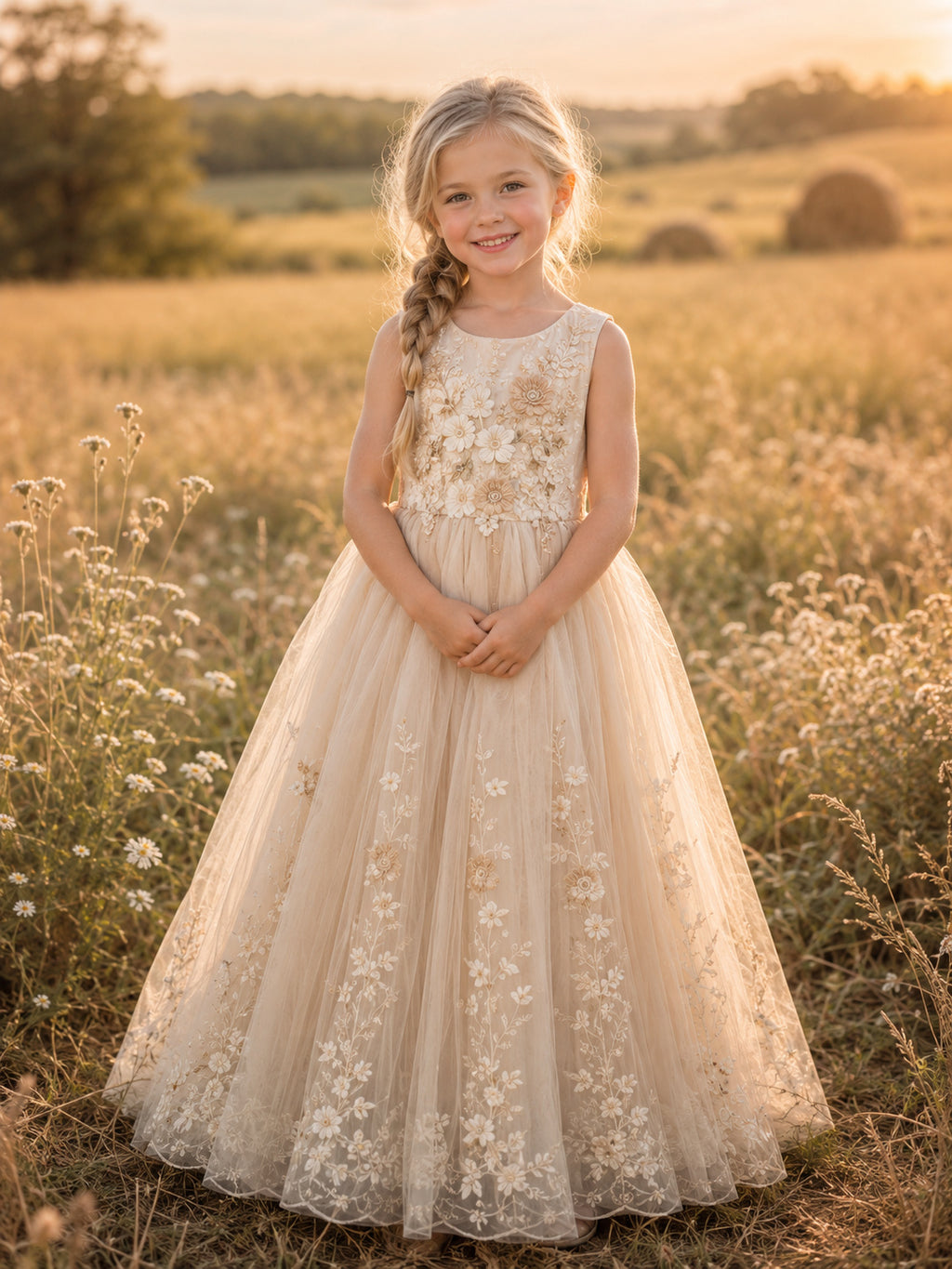 Country Garden Champagne Tulle Floor-Length A-Line Flower Girl Dress with Jewel Neck and Floral Applique front view