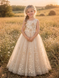 Country Garden Champagne Tulle Floor-Length A-Line Flower Girl Dress with Jewel Neck and Floral Applique front view