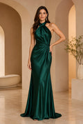 Evening Gown Dark Green Satin Sheath Halter Sleeveless Draped Floor Length front view