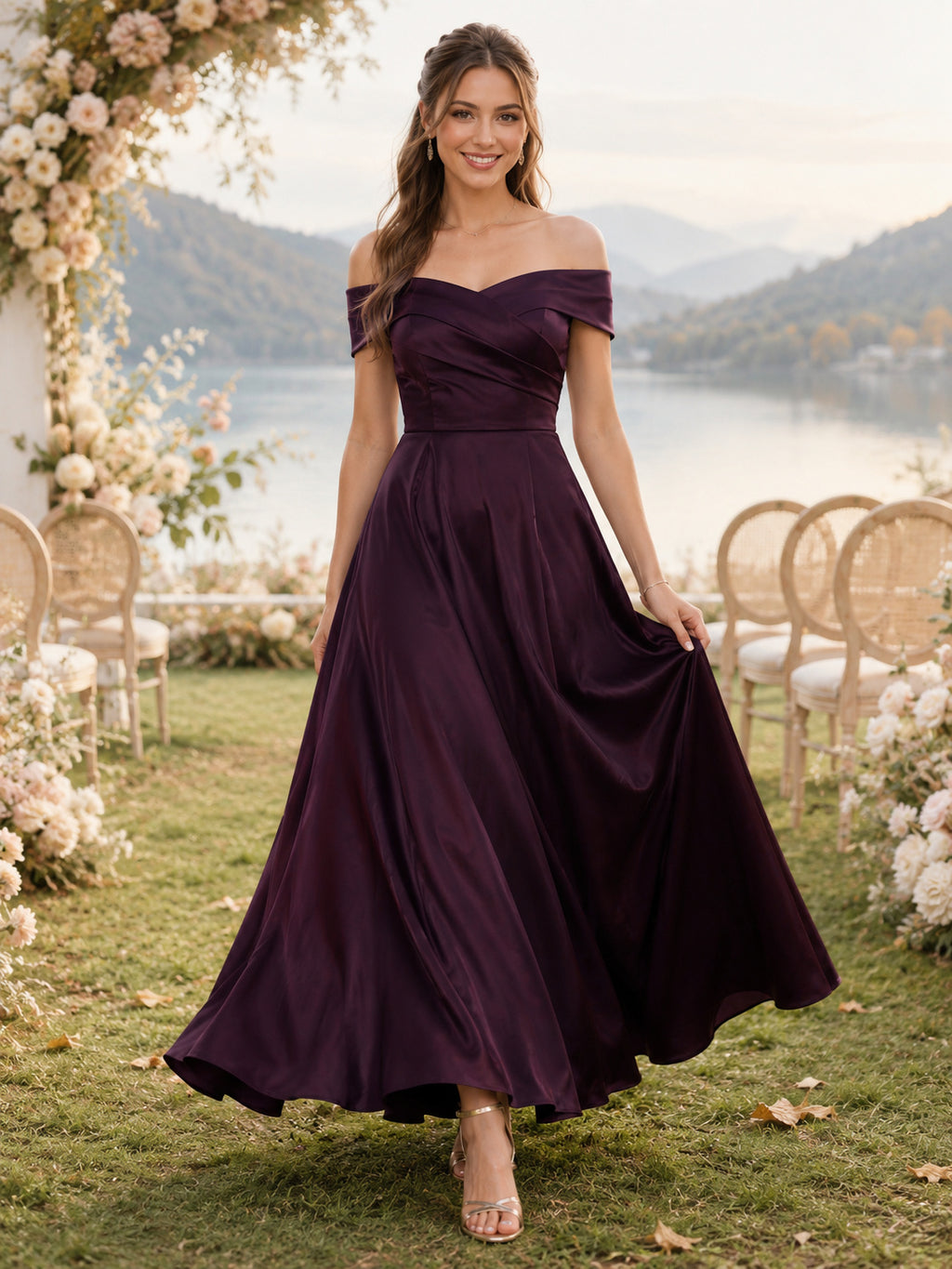 Plum Off Shoulder Ruched Satin A Line Ankle Guest Dress front view