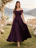 Plum Off Shoulder Ruched Satin A Line Ankle Guest Dress front view