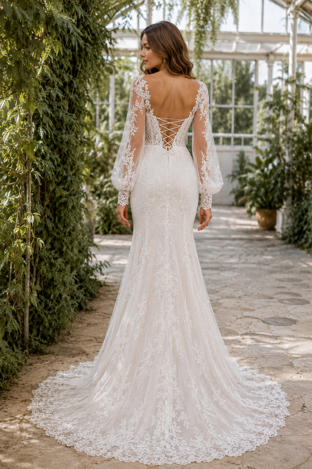 Ivory Long Sleeve Lace Mermaid Wedding Dress Corset Back Train for Wedding Ceremony and Reception back view