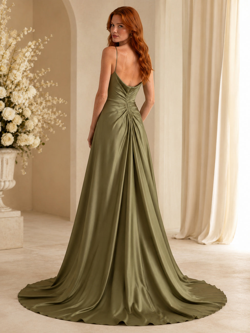 Sage Cowl Neck Spaghetti Strap Satin A-Line Sweep Train Wedding Dress back view