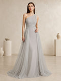 Modern Silver Gray One-Shoulder Draped Tulle Sheath Wedding Gown front view