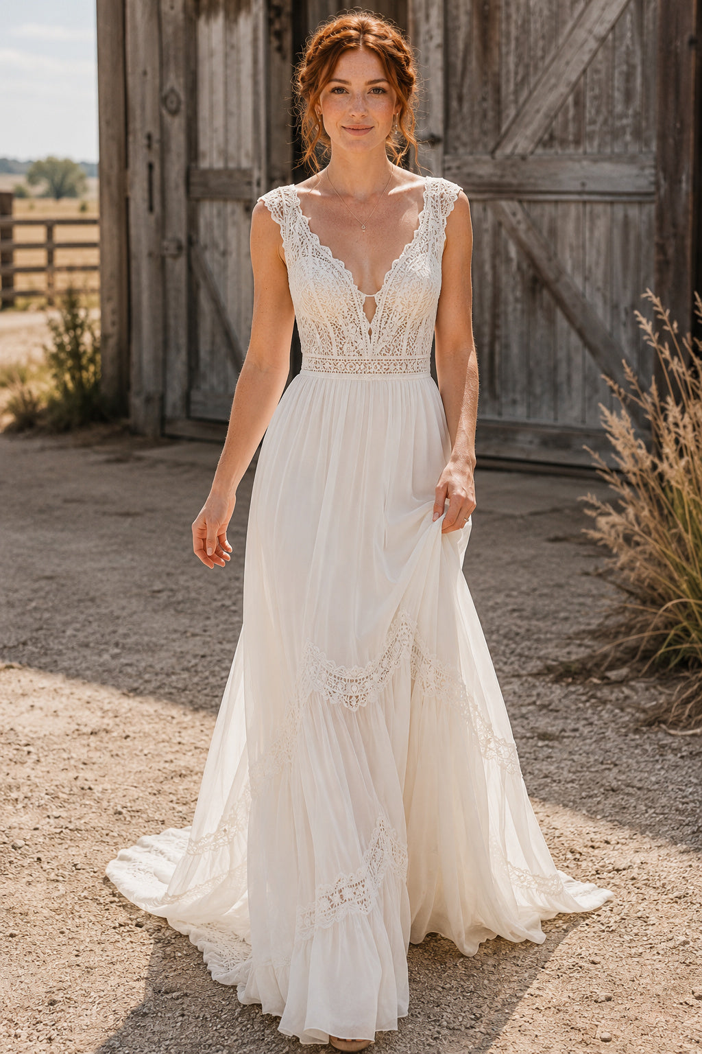 Illusion Deep V A-Line Wedding Dress with Sheer Bodice Detail and Soft Train for Rustic Garden Ceremony front view